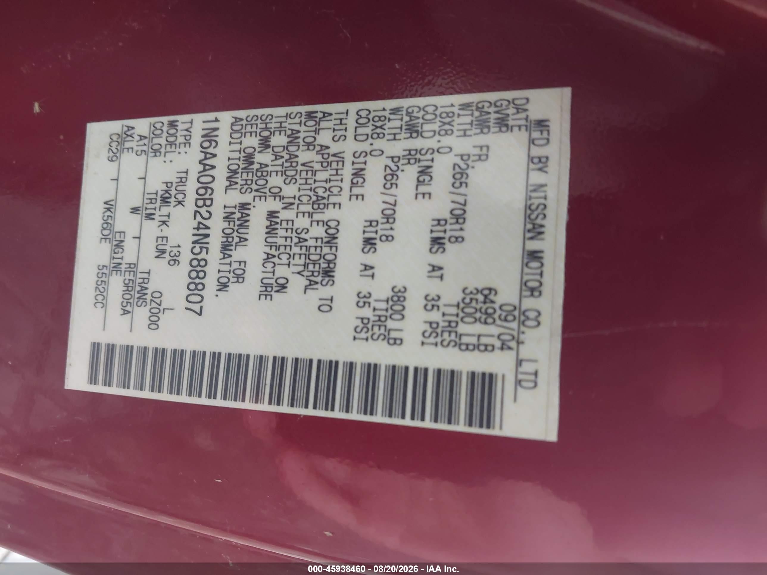 2004 Nissan Titan Se Red vin: 1N6AA06B24N588807