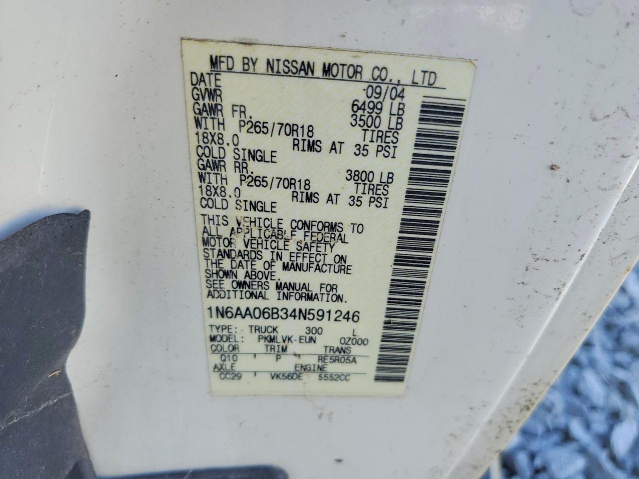 2004 Nissan Titan Xe White vin: 1N6AA06B34N591246
