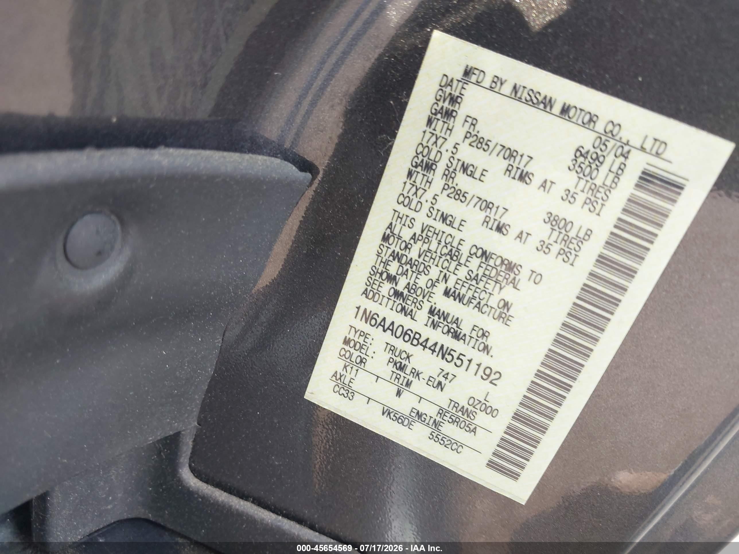 2004 Nissan Titan Xe Gray vin: 1N6AA06B44N551192