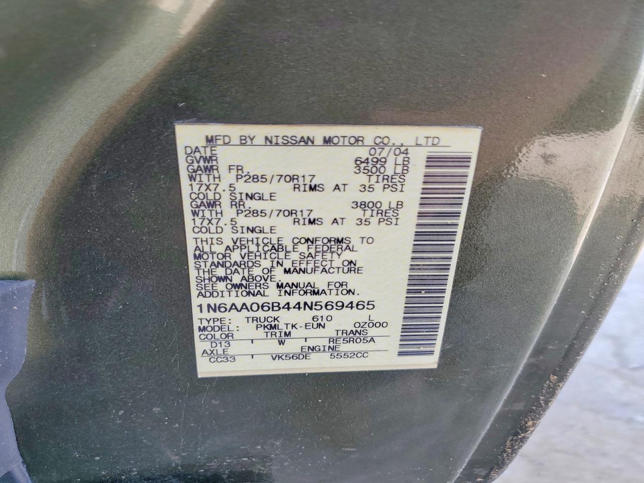 2004 Nissan Titan Xe Green vin: 1N6AA06B44N569465