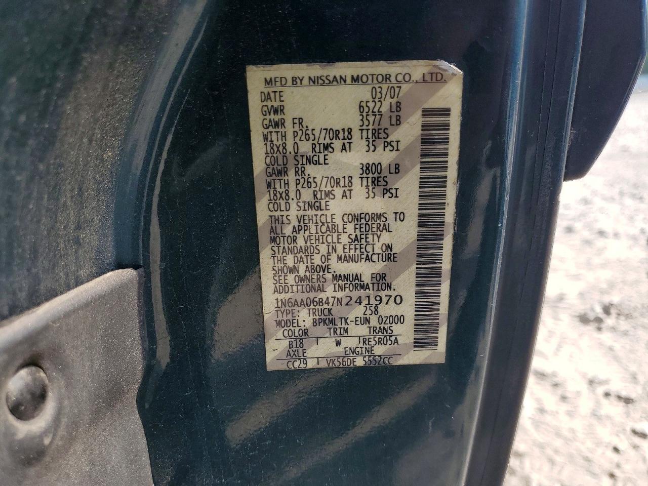 2007 Nissan Titan Xe Green vin: 1N6AA06B47N241970