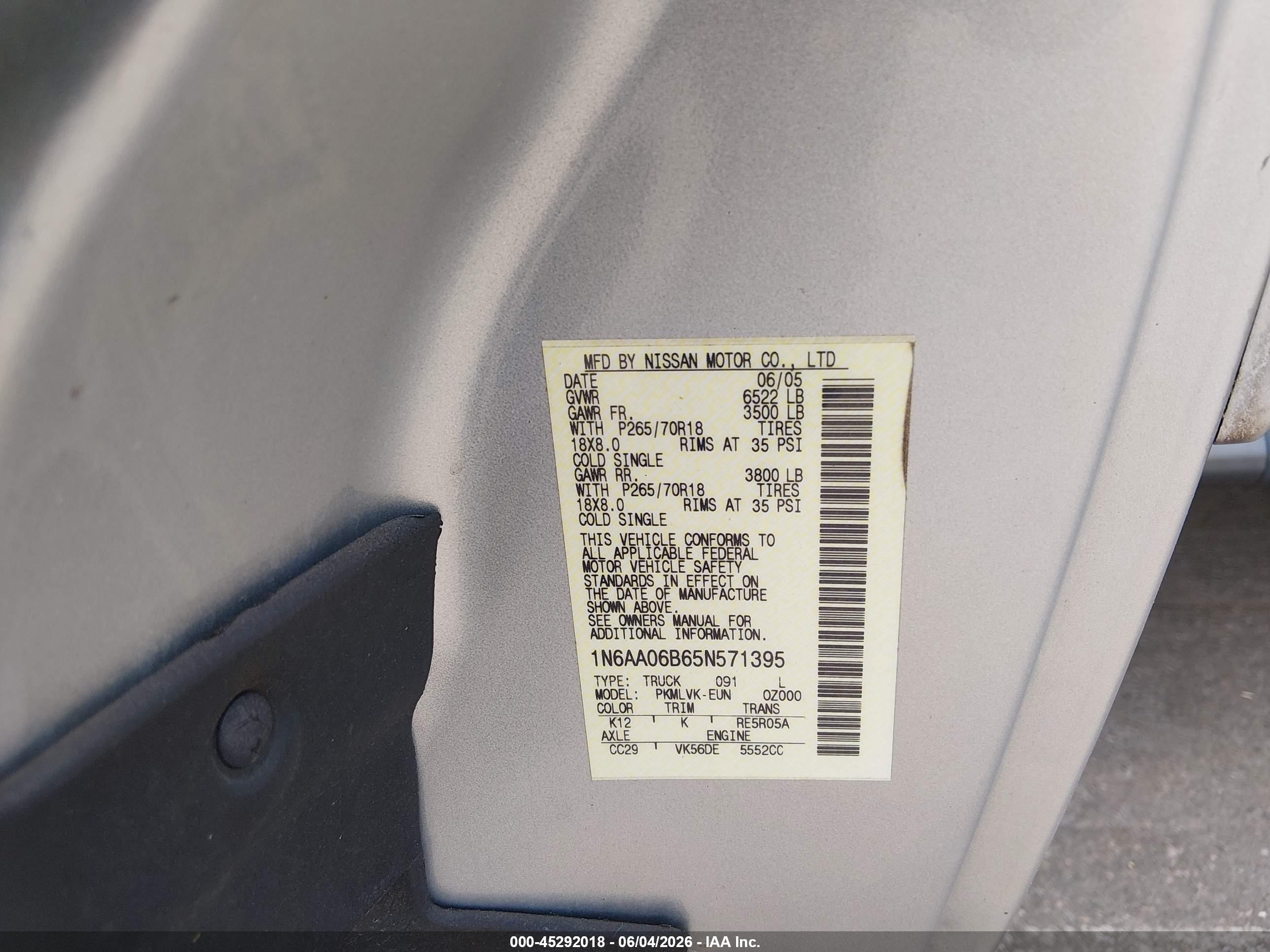 2005 Nissan Titan Le Silver vin: 1N6AA06B65N571395