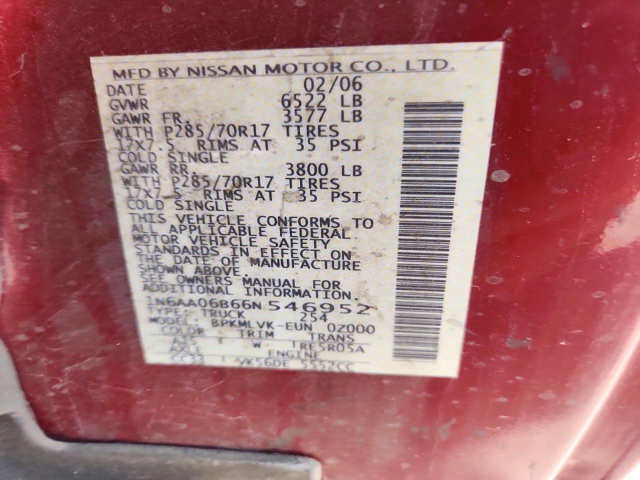 2006 Nissan Titan Xe Red vin: 1N6AA06B66N546952