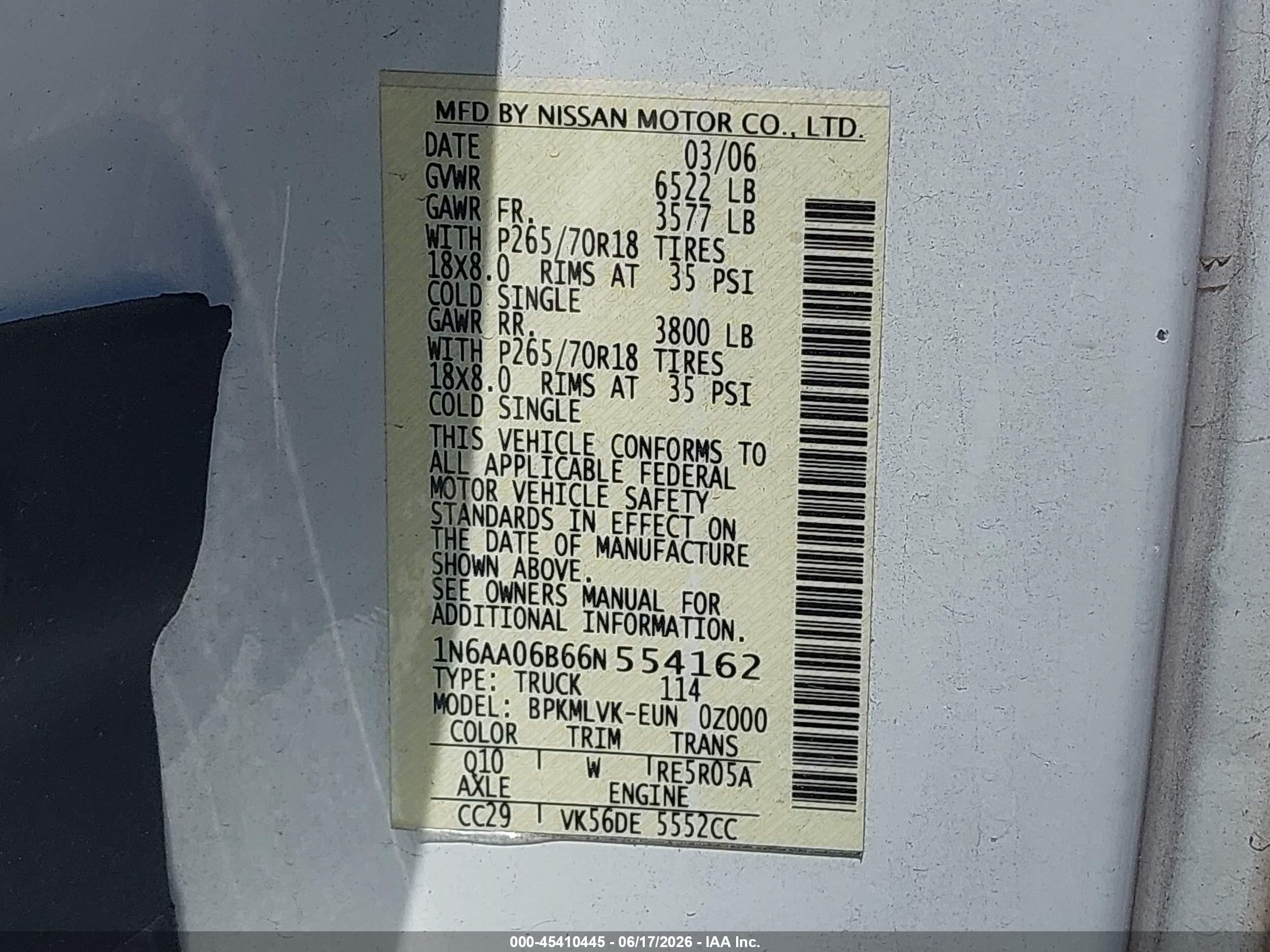 2006 Nissan Titan Le White vin: 1N6AA06B66N554162
