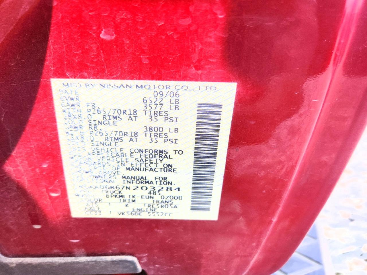 2007 Nissan Titan Xe Red vin: 1N6AA06B67N203284