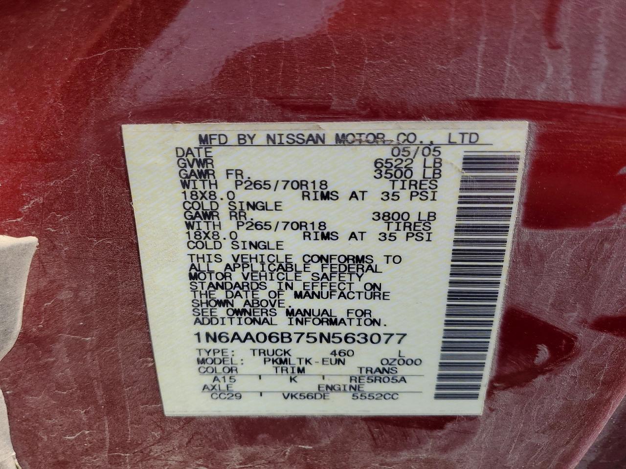 2005 Nissan Titan Xe Burgundy vin: 1N6AA06B75N563077