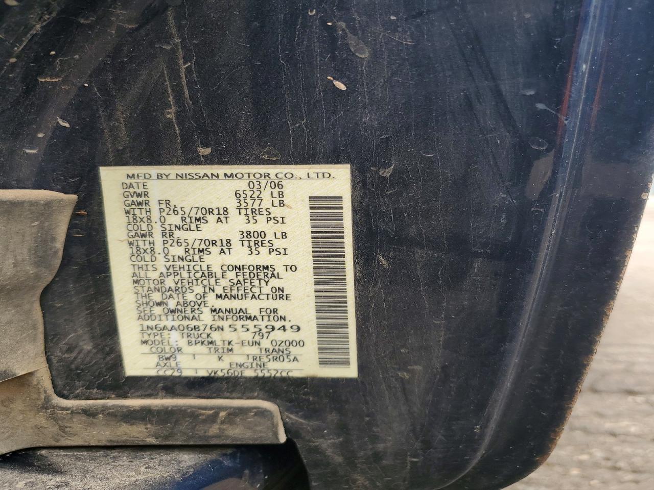 2006 Nissan Titan Xe Blue vin: 1N6AA06B76N555949