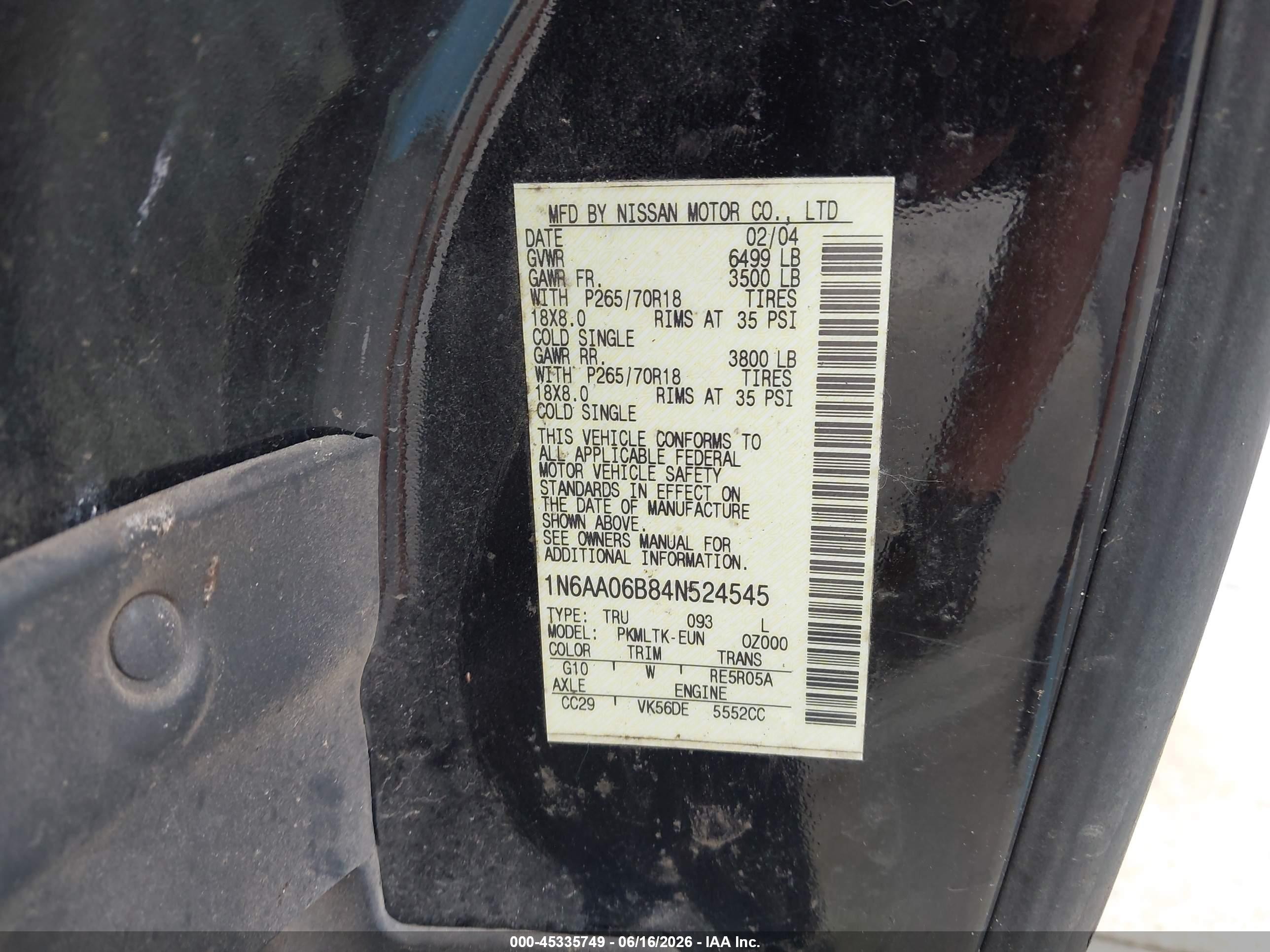 2004 Nissan Titan Se Black vin: 1N6AA06B84N524545
