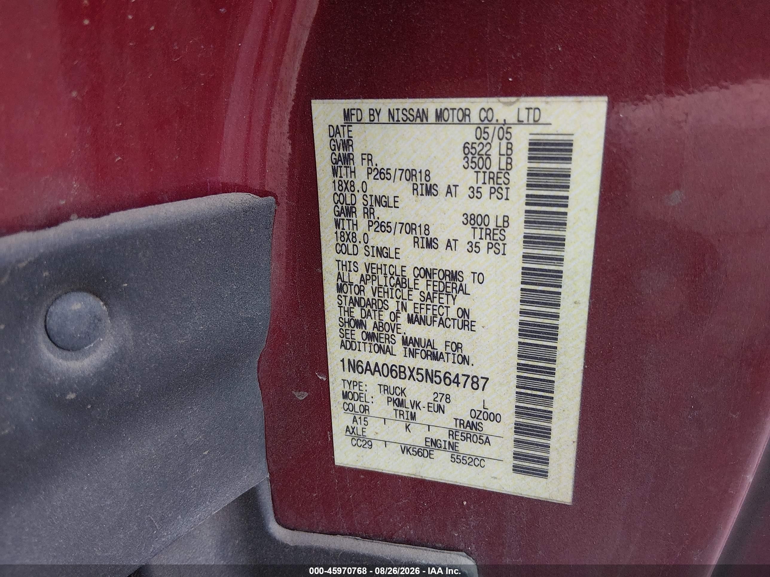 2005 Nissan Titan Le Бордовый vin: 1N6AA06BX5N564787