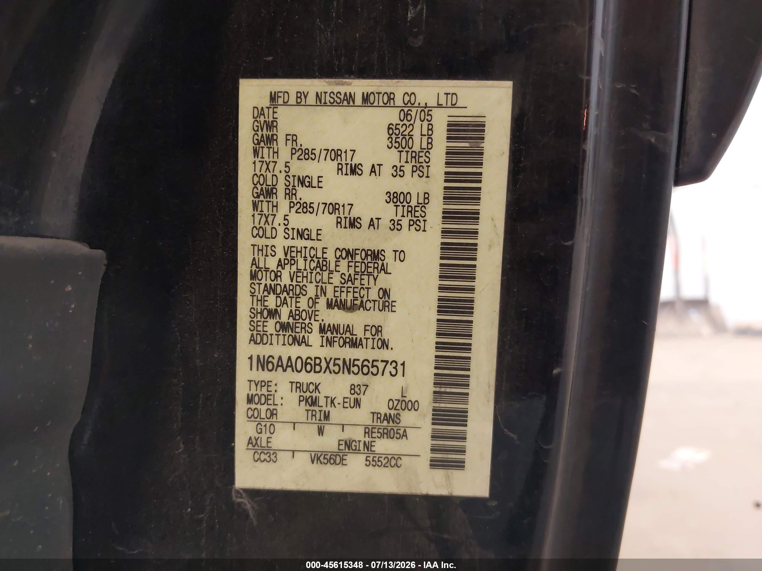 2005 Nissan Titan Se Black vin: 1N6AA06BX5N565731