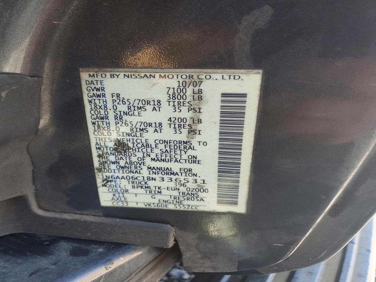 2008 Nissan Titan Xe Charcoal vin: 1N6AA06C18N336531