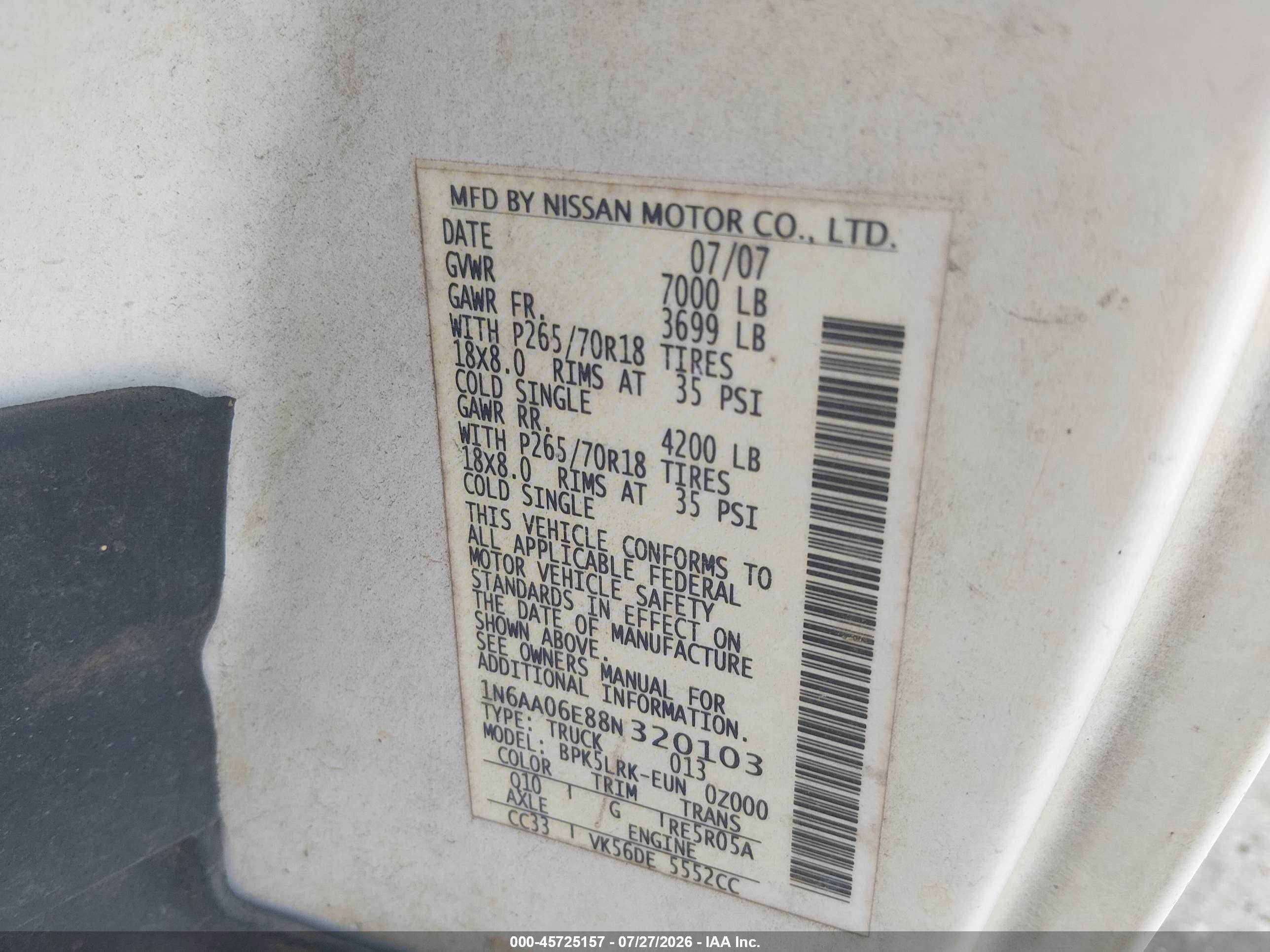2008 Nissan Titan Xe White vin: 1N6AA06E88N320103