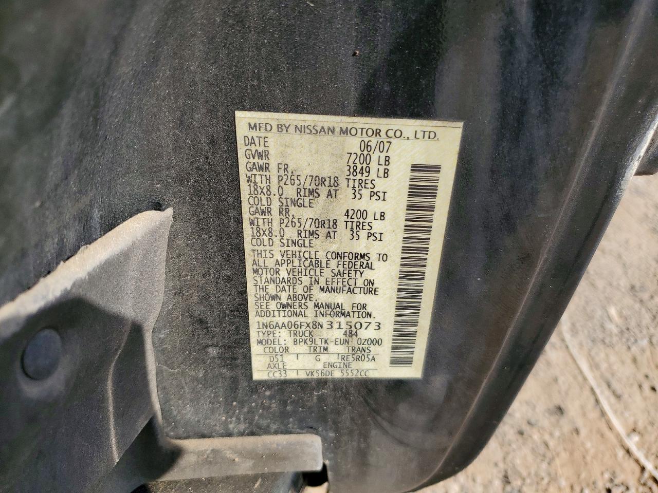 2008 Nissan Titan Xe Charcoal vin: 1N6AA06FX8N315073