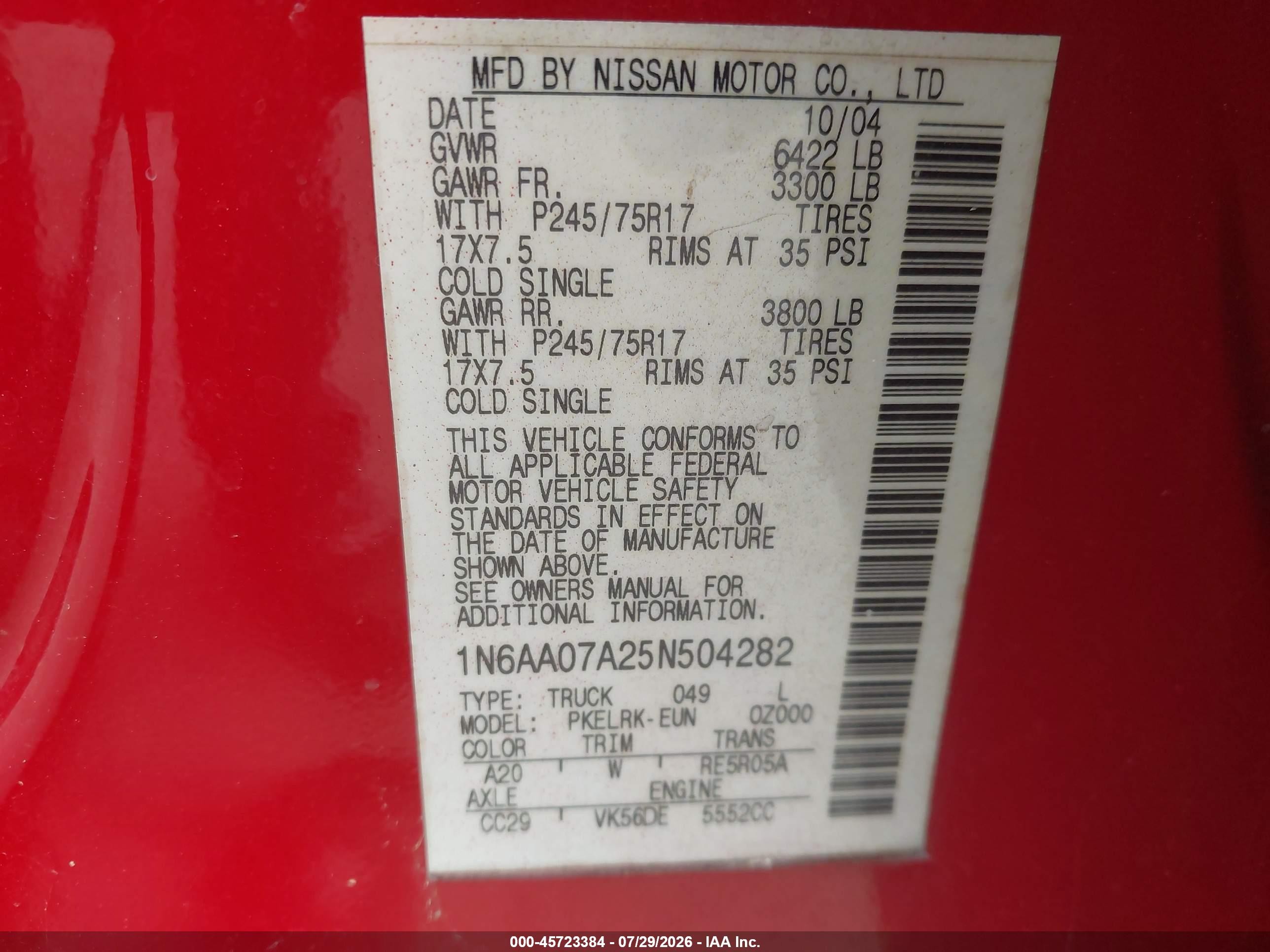 2005 Nissan Titan Xe Red vin: 1N6AA07A25N504282