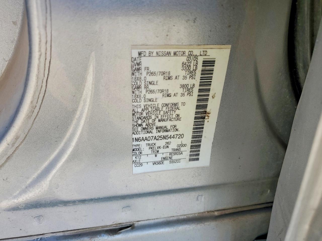 2005 Nissan Titan Xe Серебряный vin: 1N6AA07A25N544720