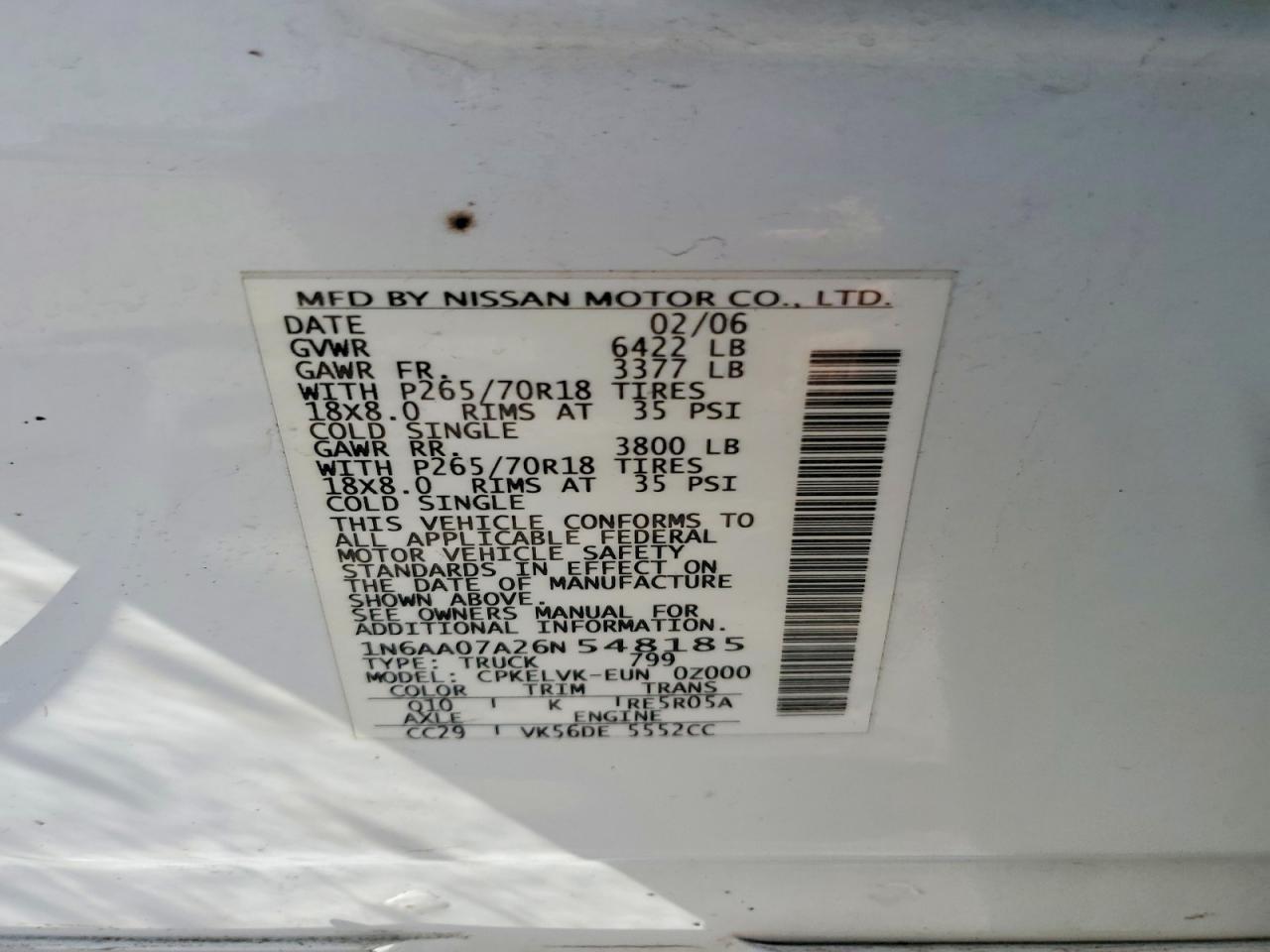 2006 Nissan Titan Xe White vin: 1N6AA07A26N548185