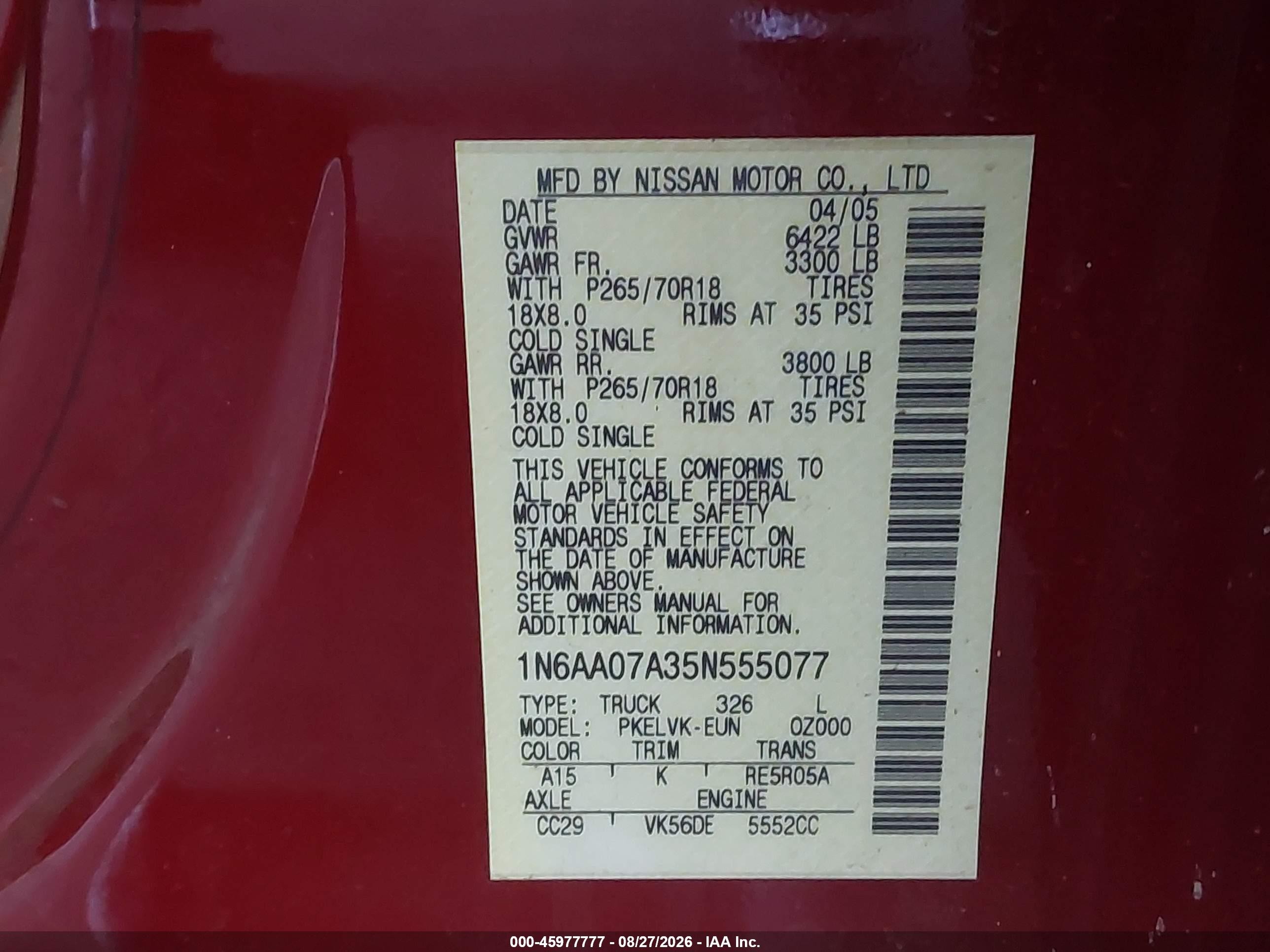 2005 Nissan Titan Le Red vin: 1N6AA07A35N555077
