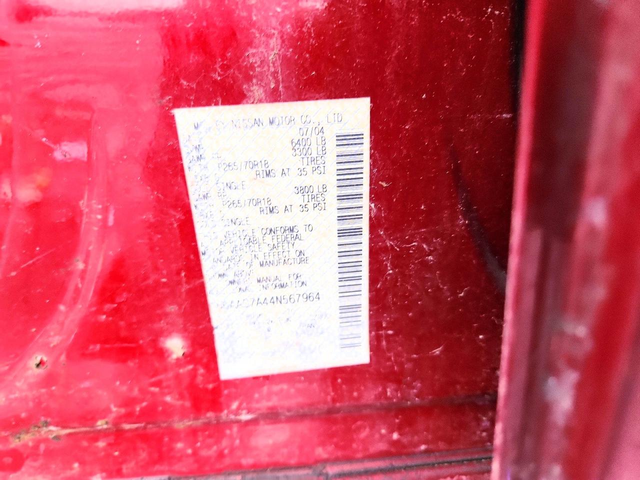 2004 Nissan Titan Xe Red vin: 1N6AA07A44N567964