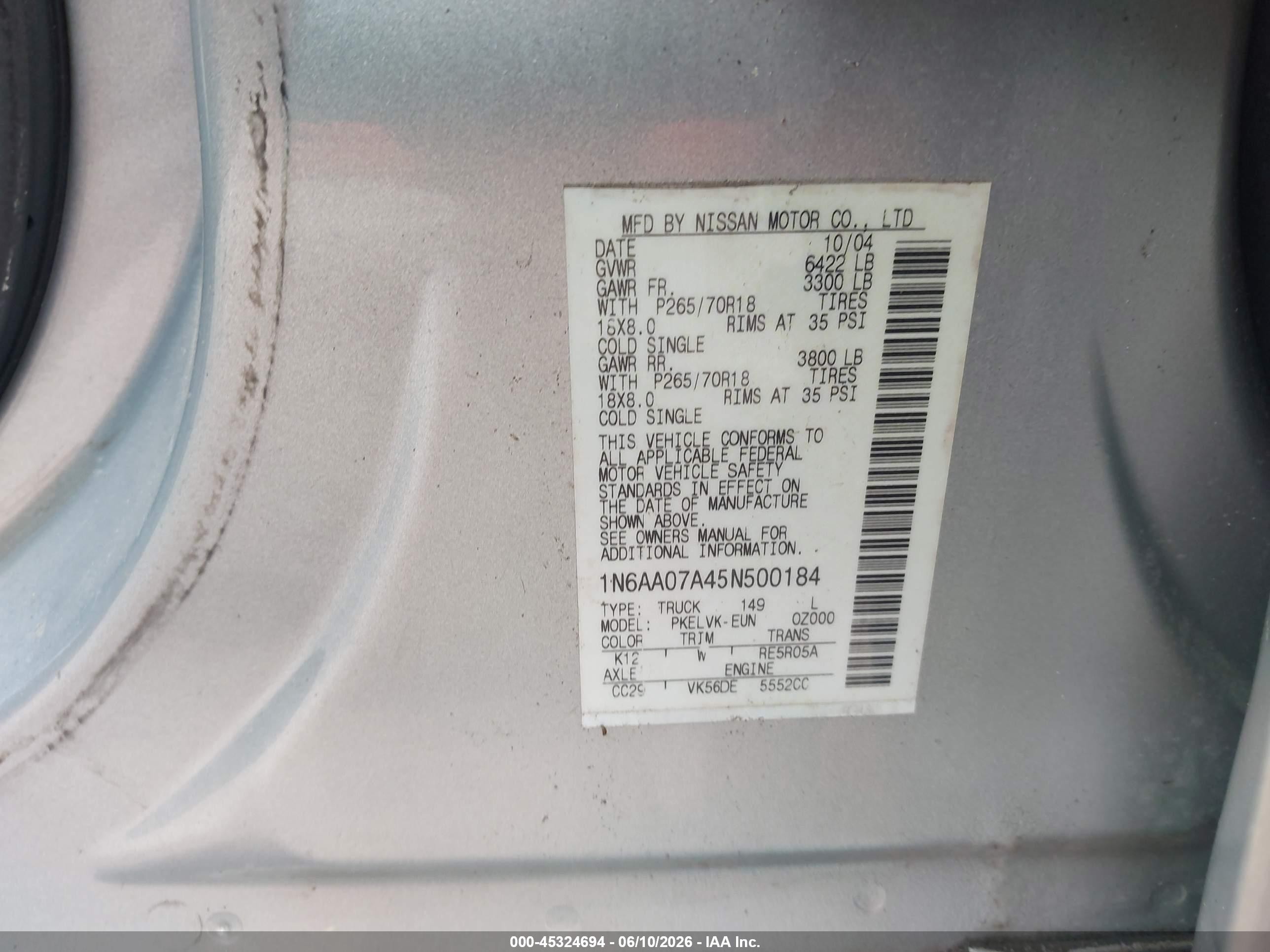 2005 Nissan Titan Le Silver vin: 1N6AA07A45N500184