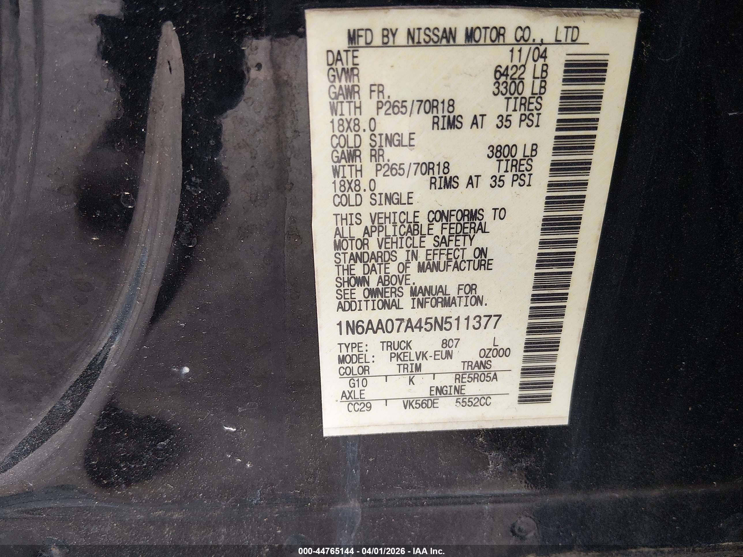 2005 Nissan Titan Le Черный vin: 1N6AA07A45N511377
