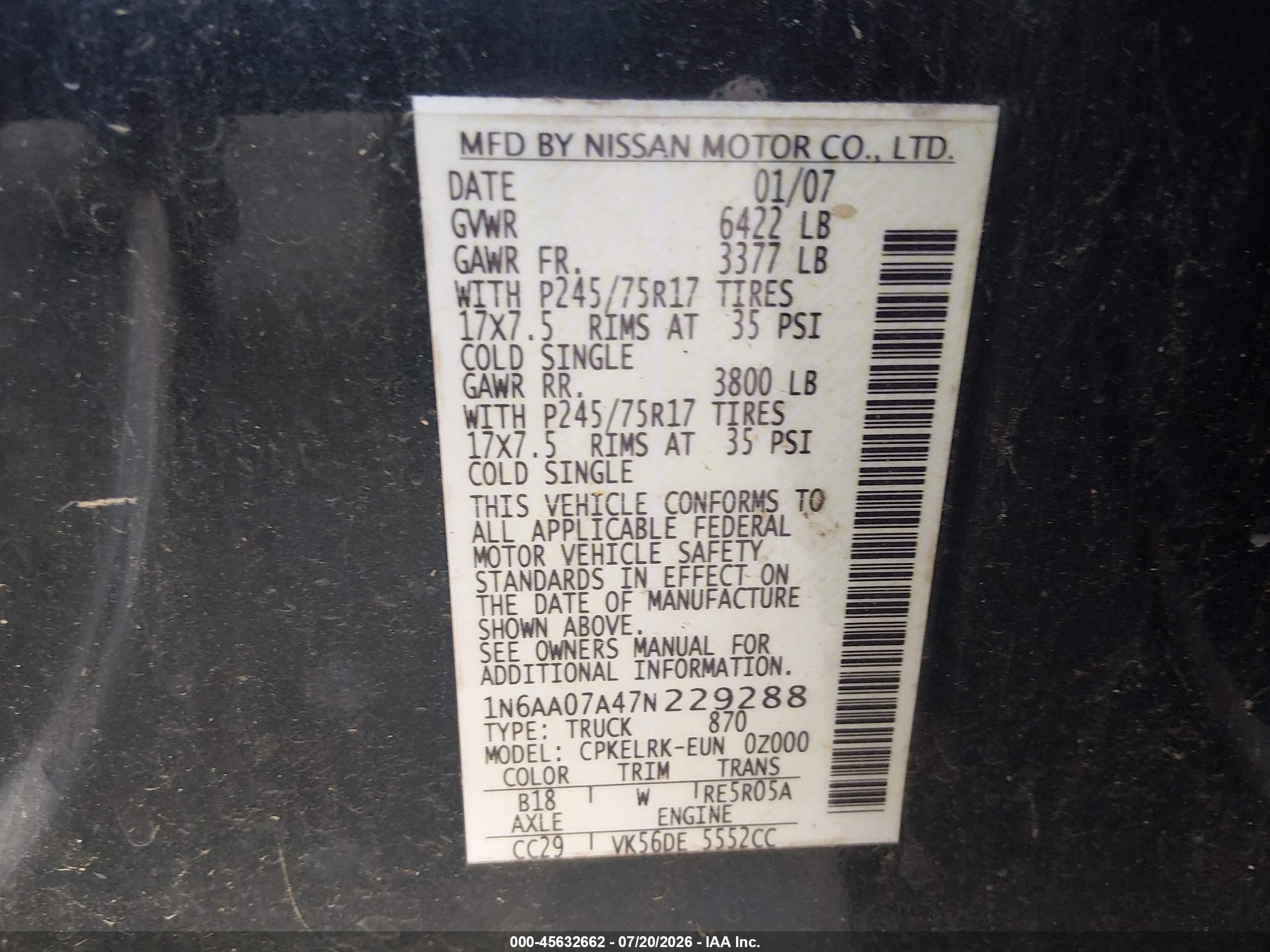 2007 Nissan Titan Xe Green vin: 1N6AA07A47N229288