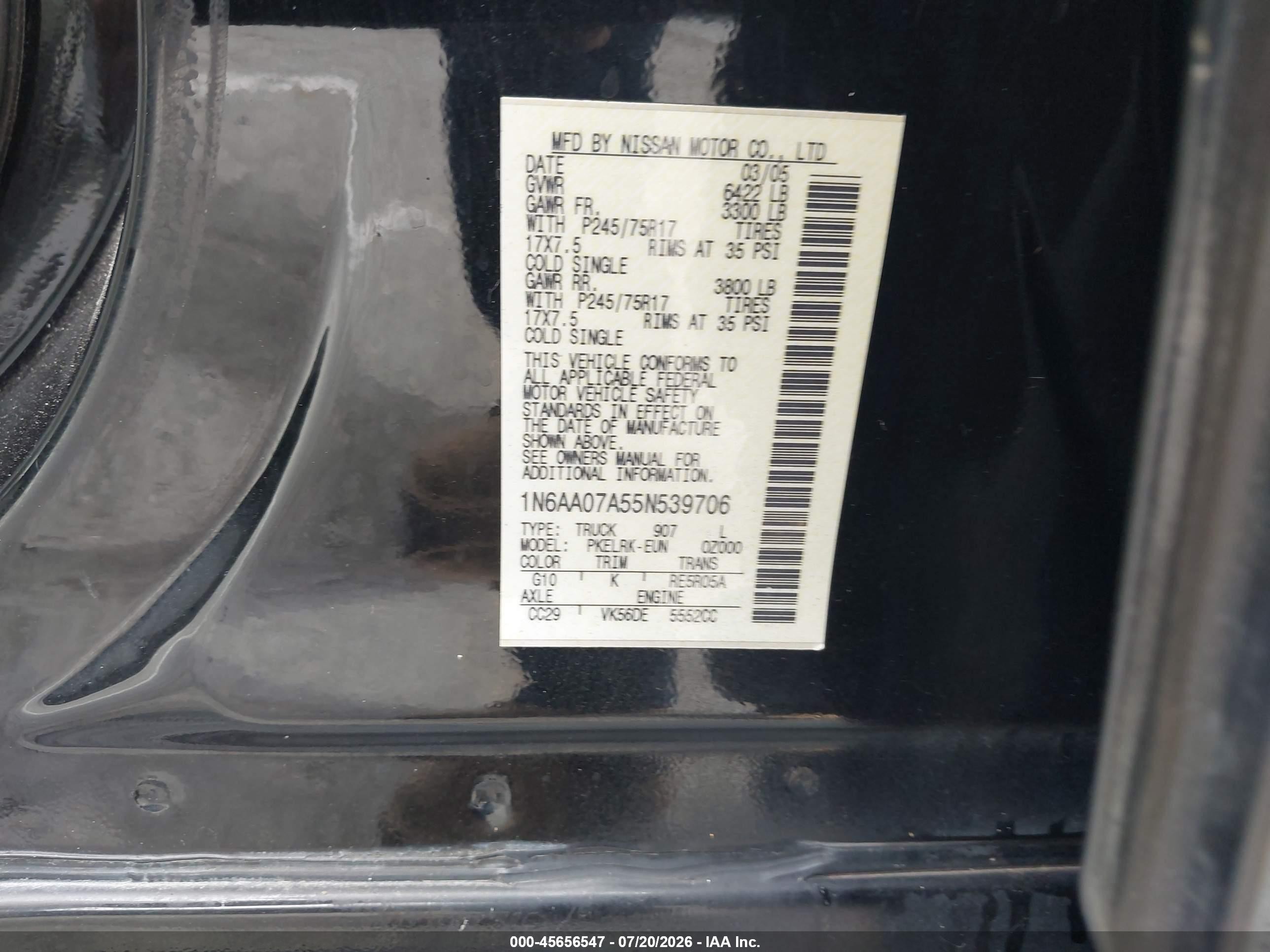 2005 Nissan Titan Xe Black vin: 1N6AA07A55N539706