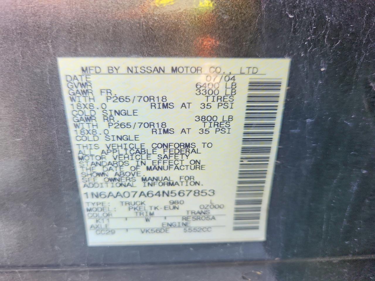 2004 Nissan Titan Xe Gray vin: 1N6AA07A64N567853