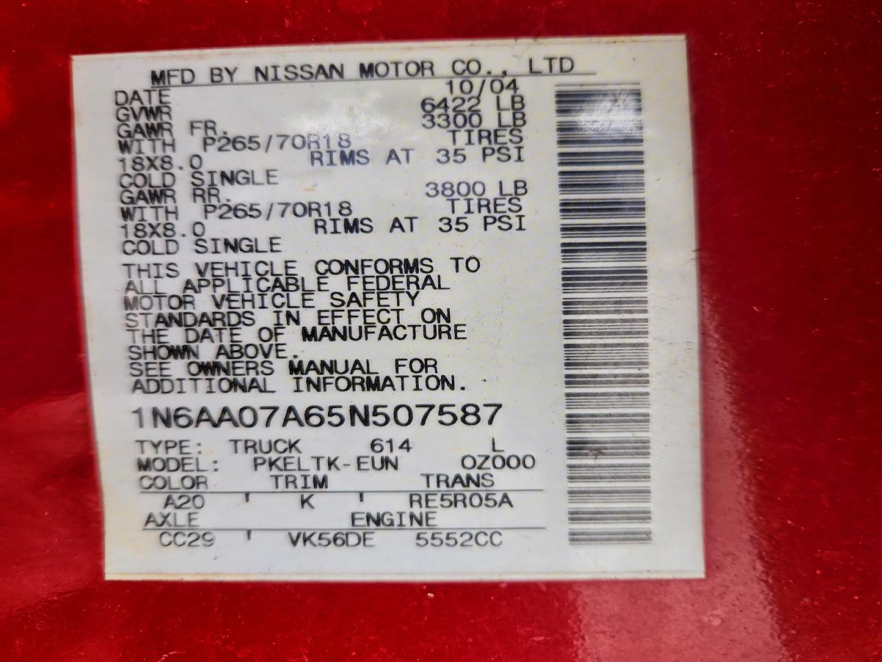 2005 Nissan Titan Xe Red vin: 1N6AA07A65N507587