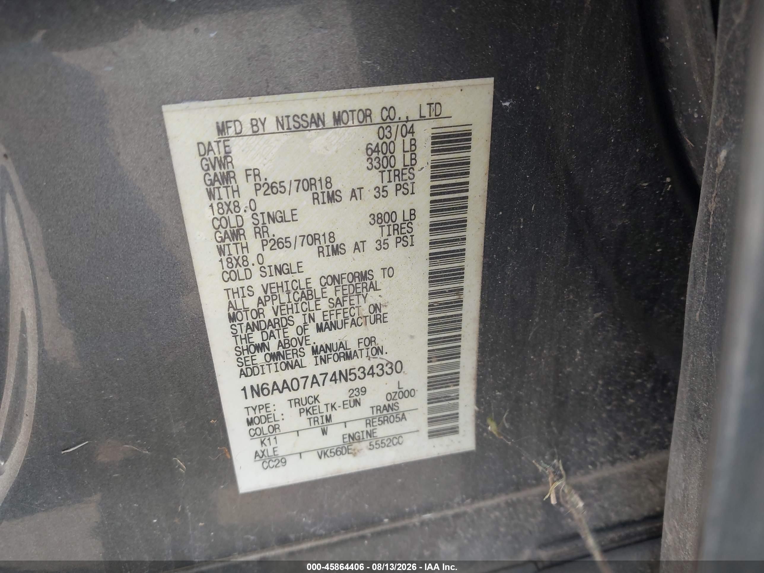 2004 Nissan Titan Se Gray vin: 1N6AA07A74N534330