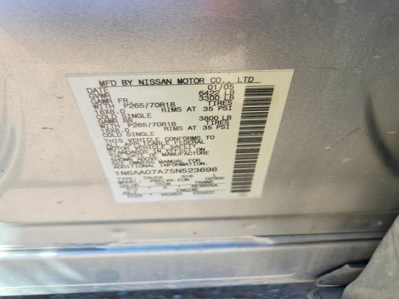 2005 Nissan Titan Xe Silver vin: 1N6AA07A75N523698