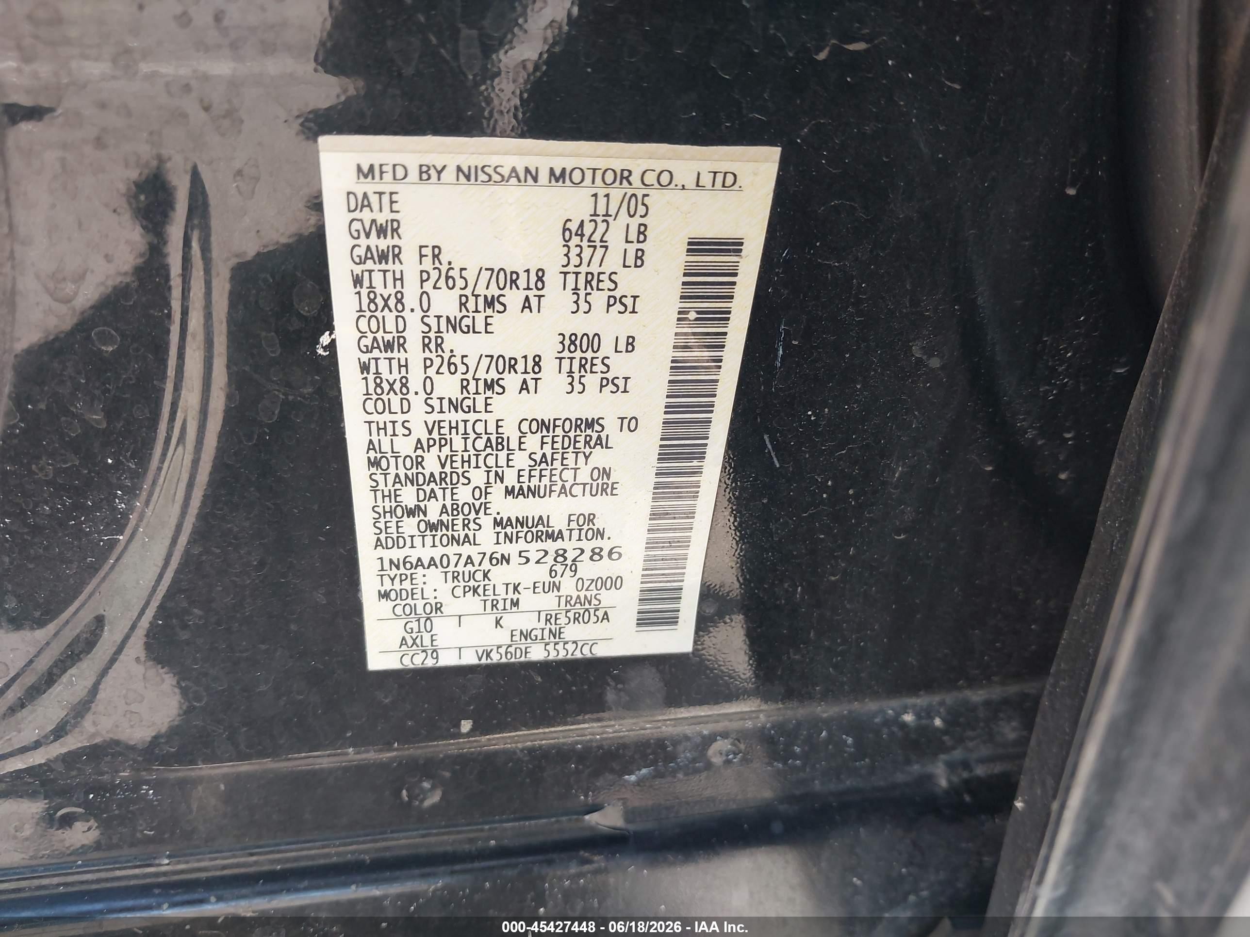 2006 Nissan Titan Se Black vin: 1N6AA07A76N528286
