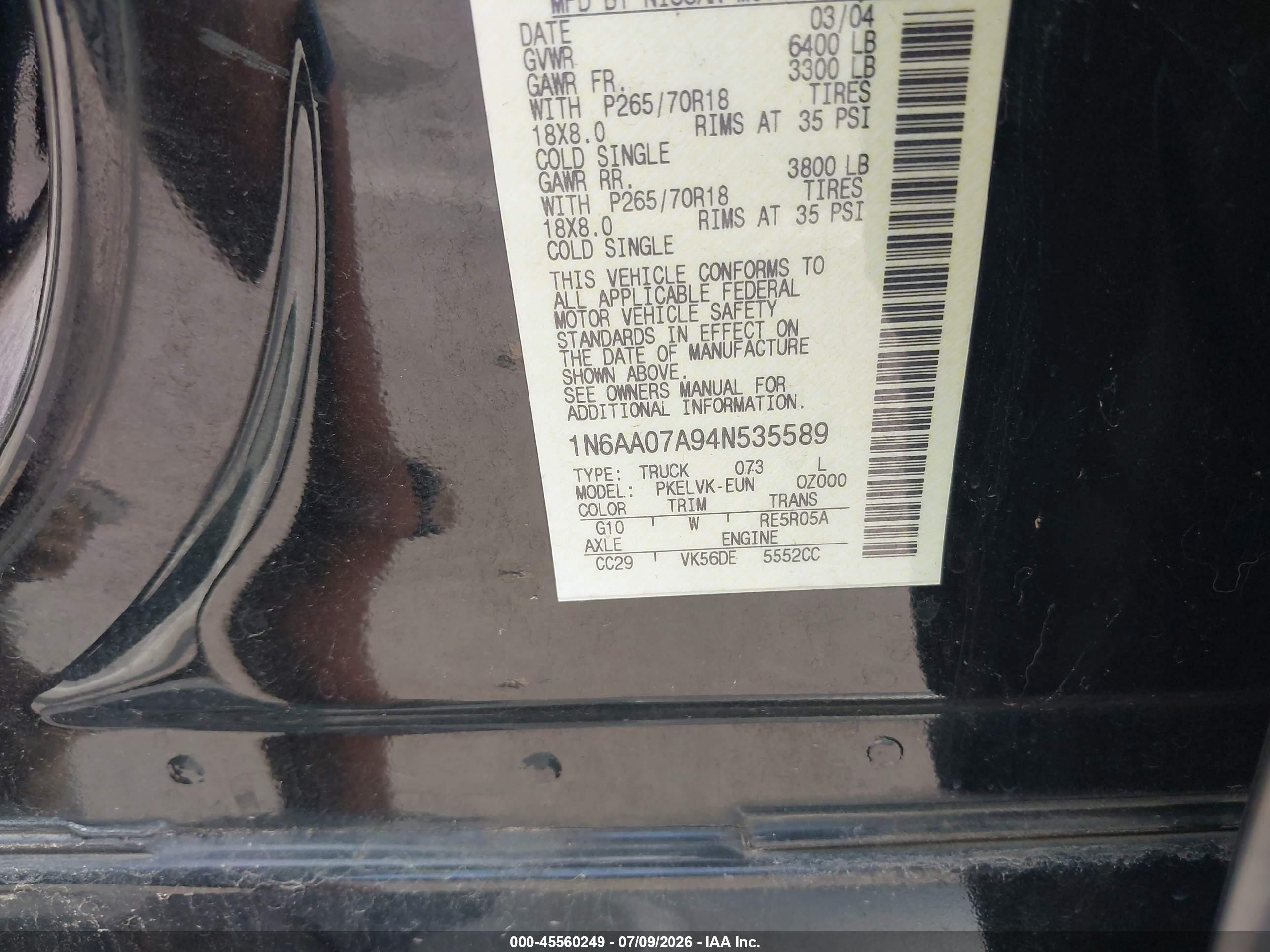 2004 Nissan Titan Le Черный vin: 1N6AA07A94N535589