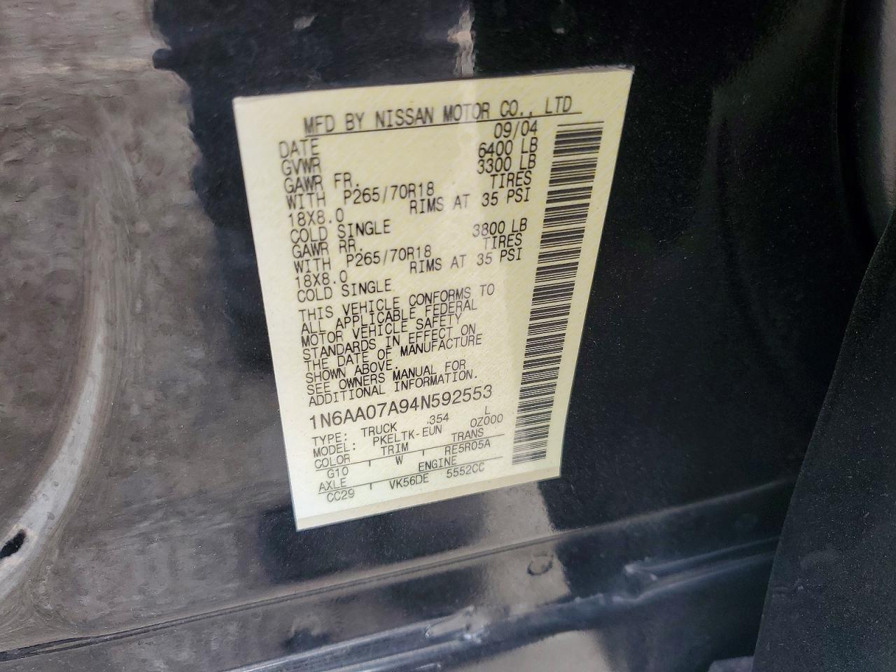2004 Nissan Titan Xe/se/le Black vin: 1N6AA07A94N592553