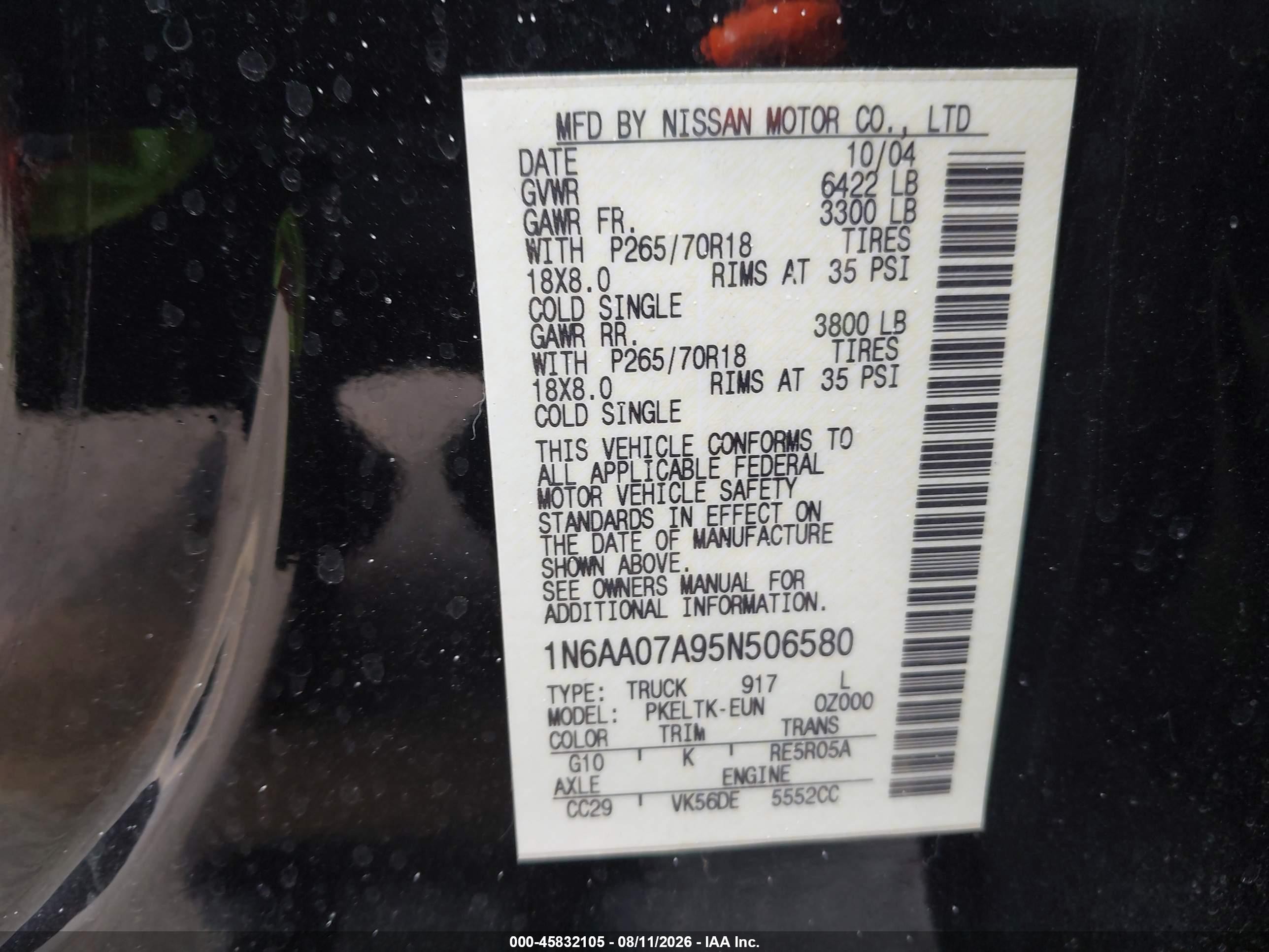 2005 Nissan Titan Se Black vin: 1N6AA07A95N506580