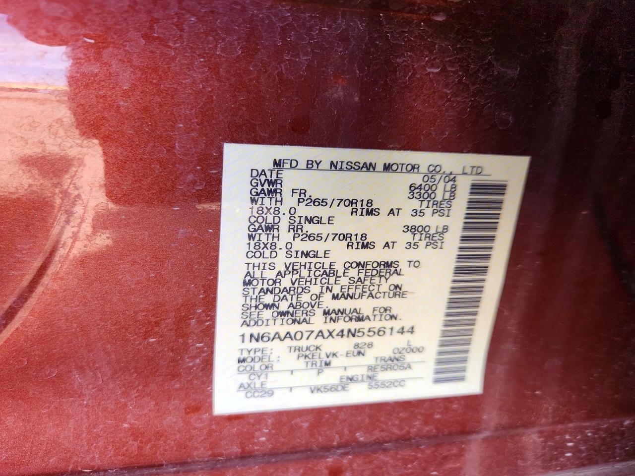 2004 Nissan Titan Xe/se/le Brown vin: 1N6AA07AX4N556144