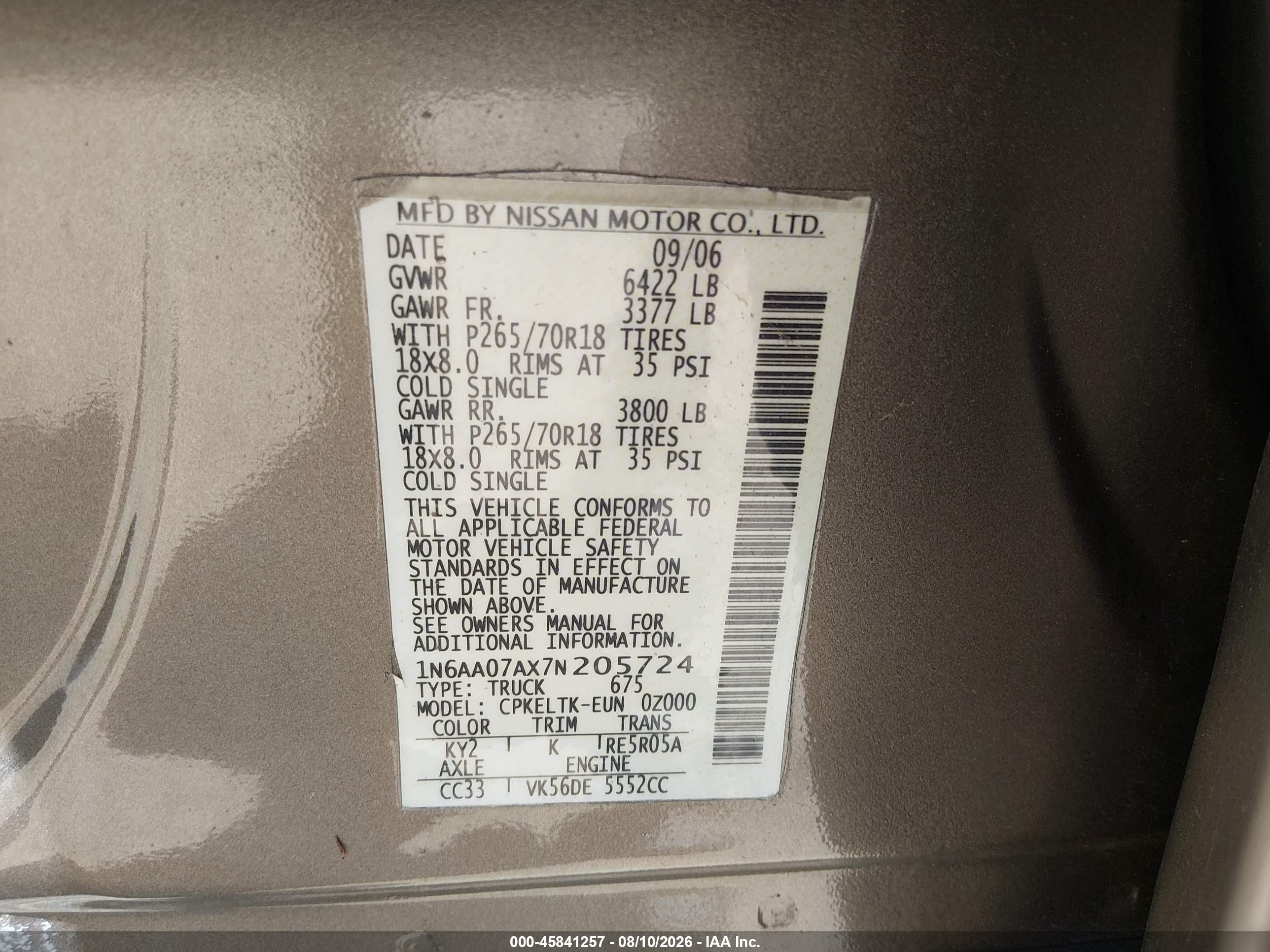 2007 Nissan Titan Se Pewter vin: 1N6AA07AX7N205724