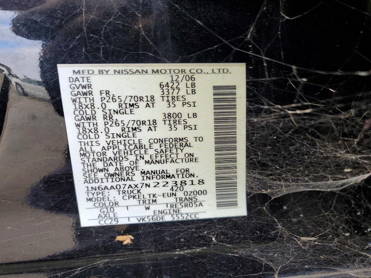 2007 Nissan Titan Xe Black vin: 1N6AA07AX7N223818