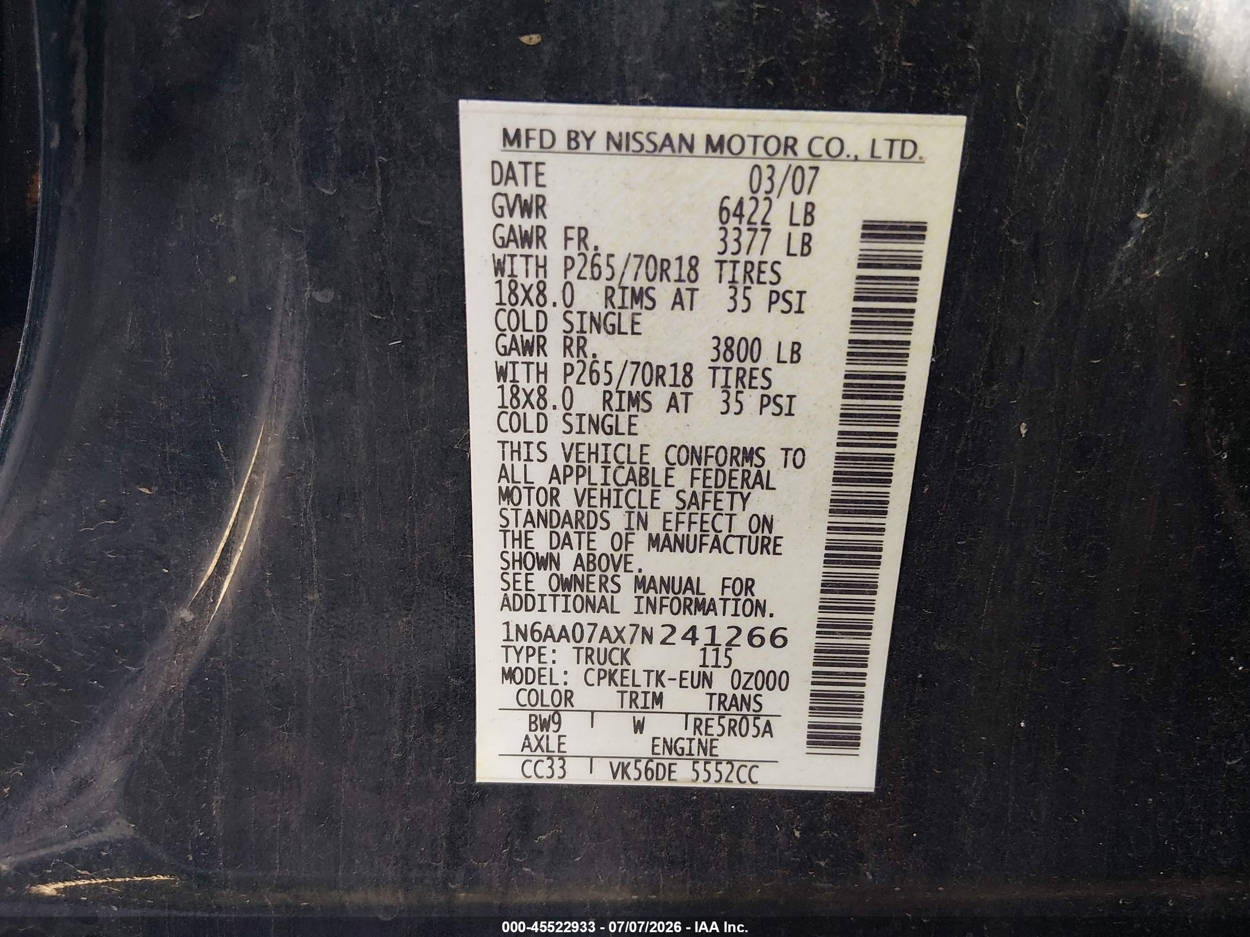 2007 Nissan Titan Se Dark Blue vin: 1N6AA07AX7N241266