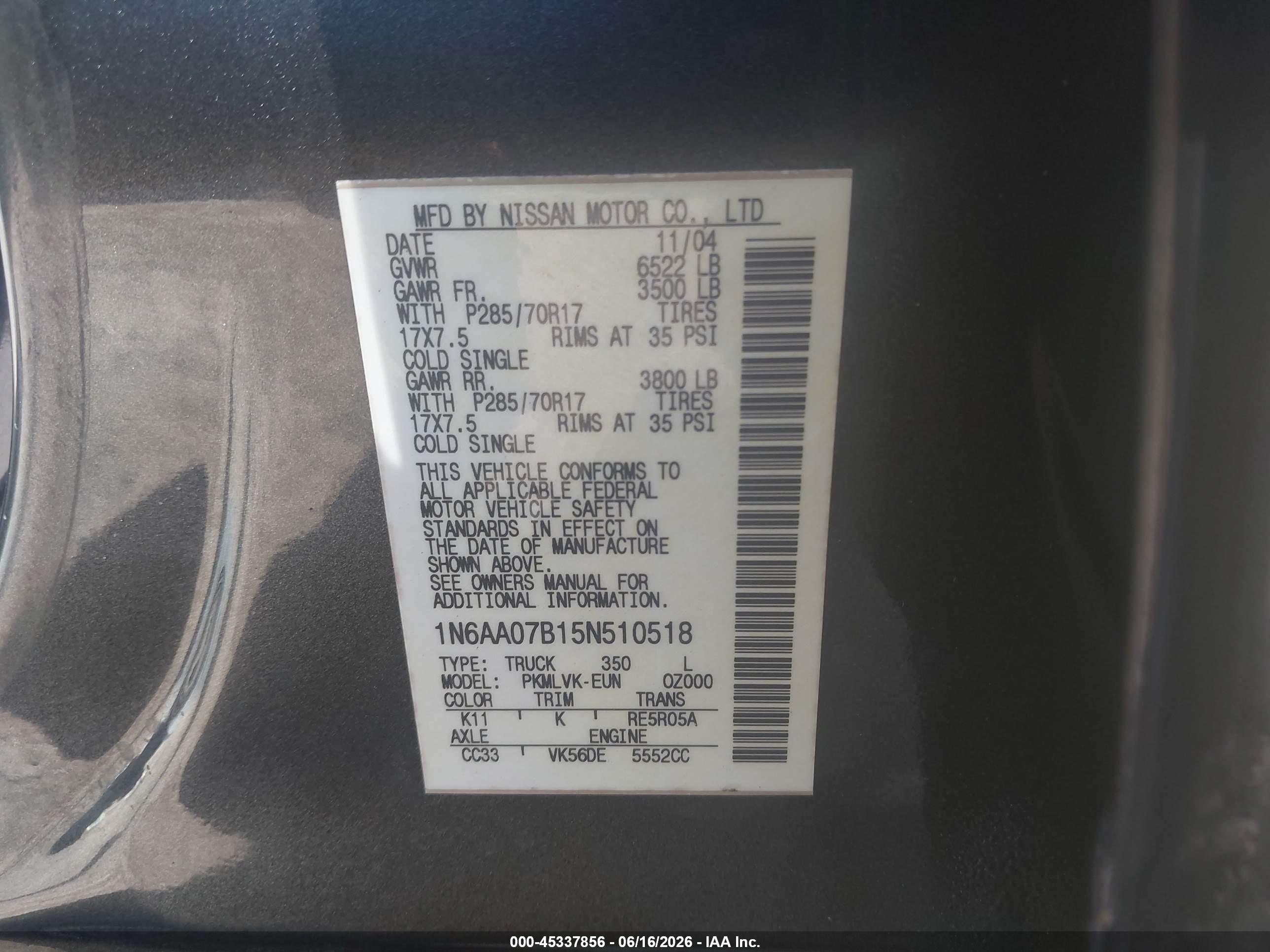 2005 Nissan Titan Le Серый vin: 1N6AA07B15N510518