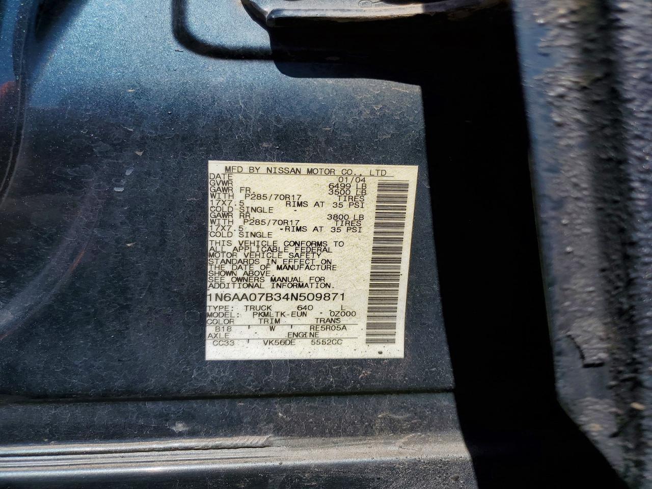 2004 Nissan Titan Xe Черный vin: 1N6AA07B34N509871