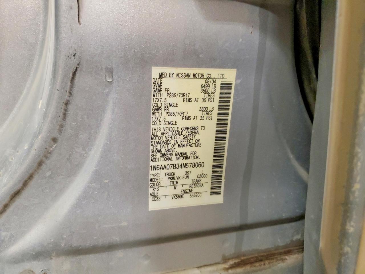 2004 Nissan Titan Xe Кремовый vin: 1N6AA07B34N578060
