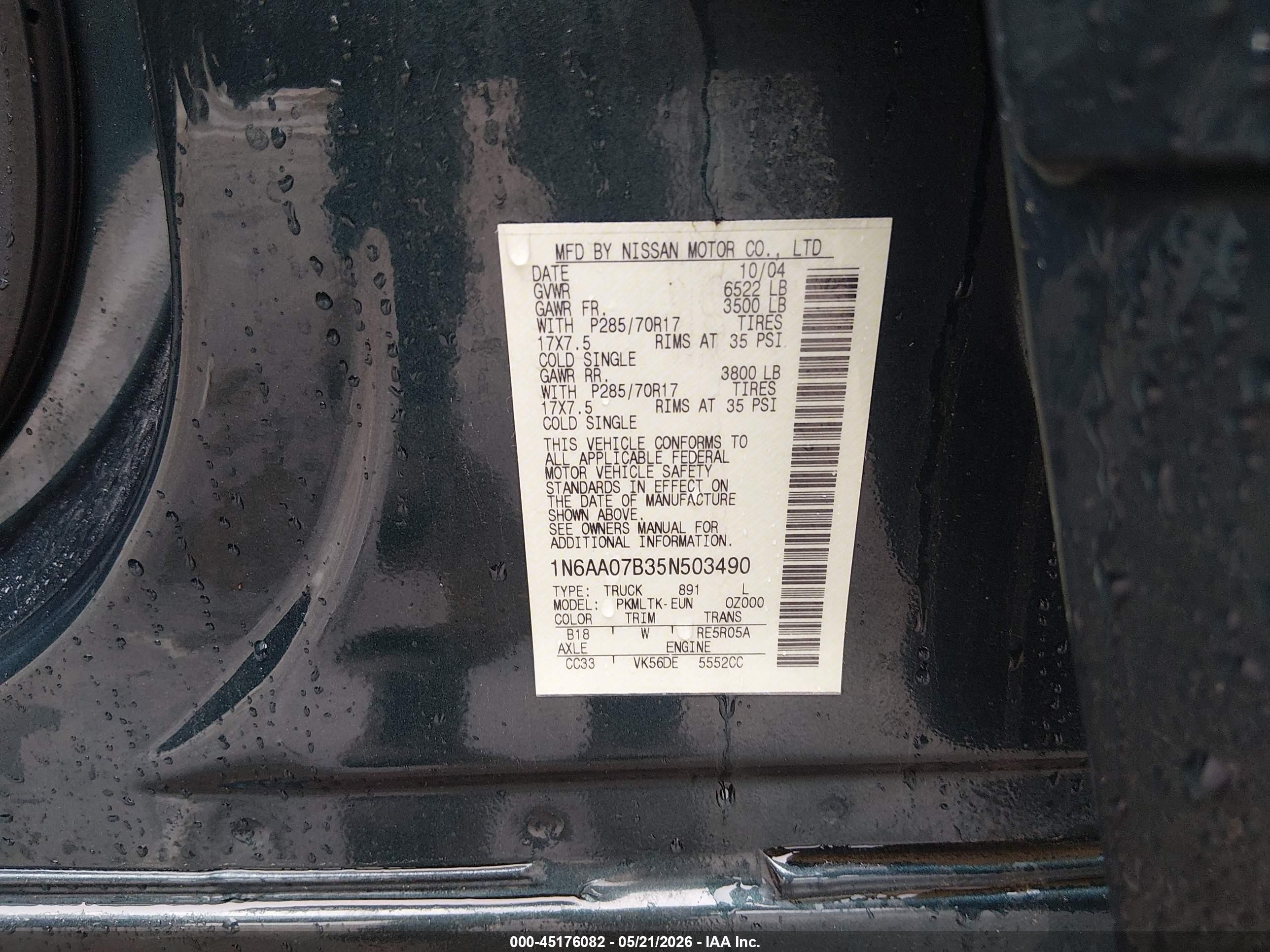 2005 Nissan Titan Se Green vin: 1N6AA07B35N503490