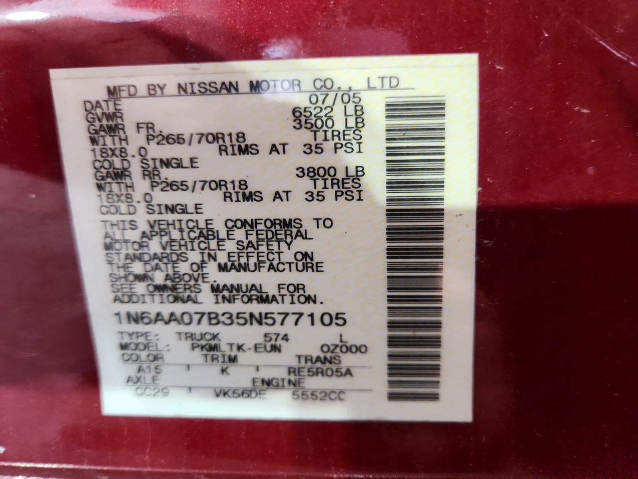 2005 Nissan Titan Xe Burgundy vin: 1N6AA07B35N577105