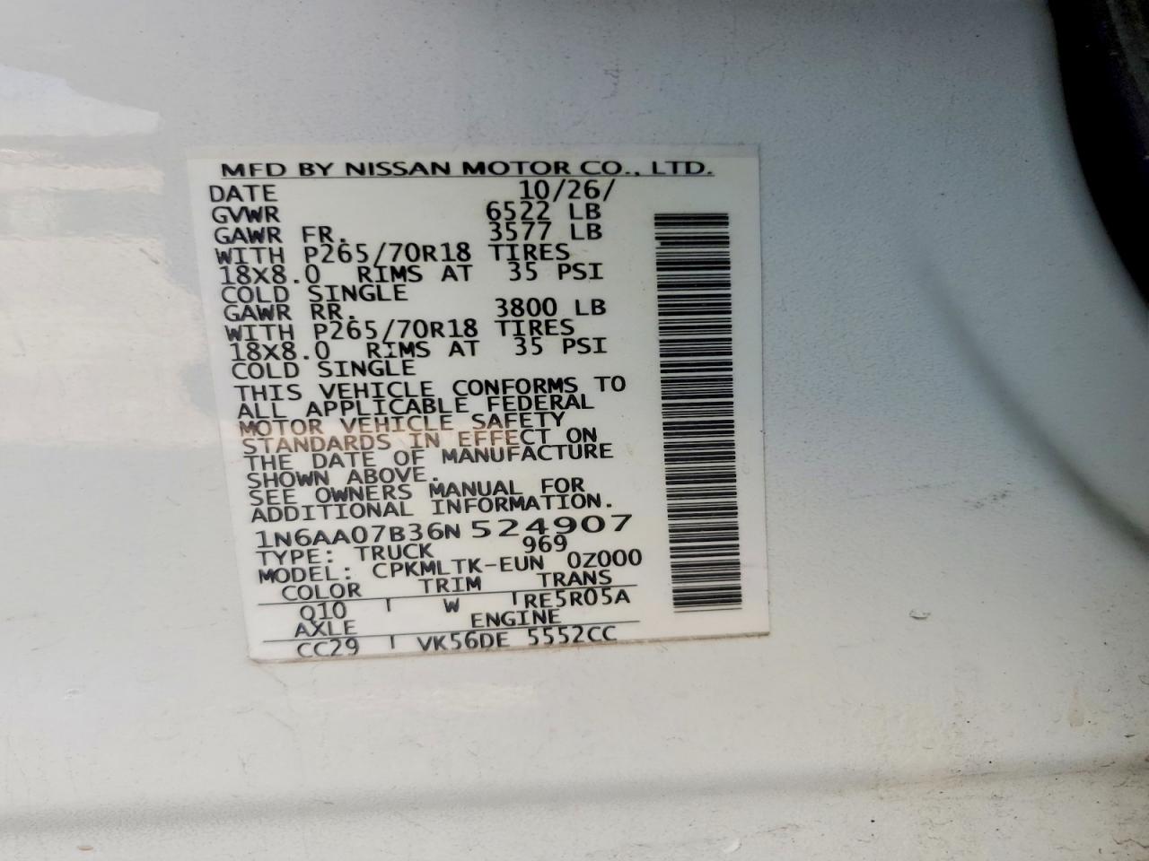 2006 Nissan Titan Xe White vin: 1N6AA07B36N524907