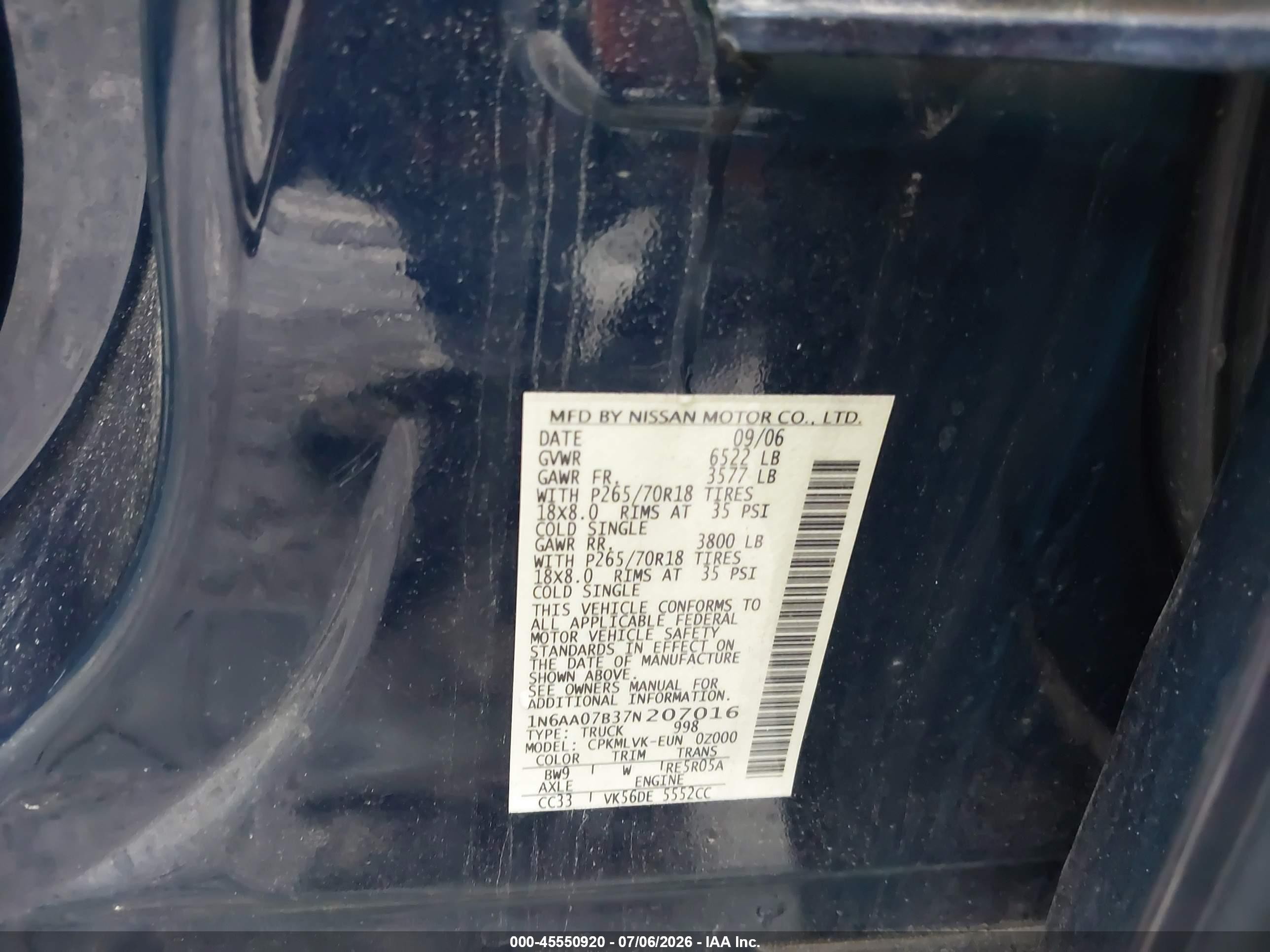 2007 Nissan Titan Le Blue vin: 1N6AA07B37N207016