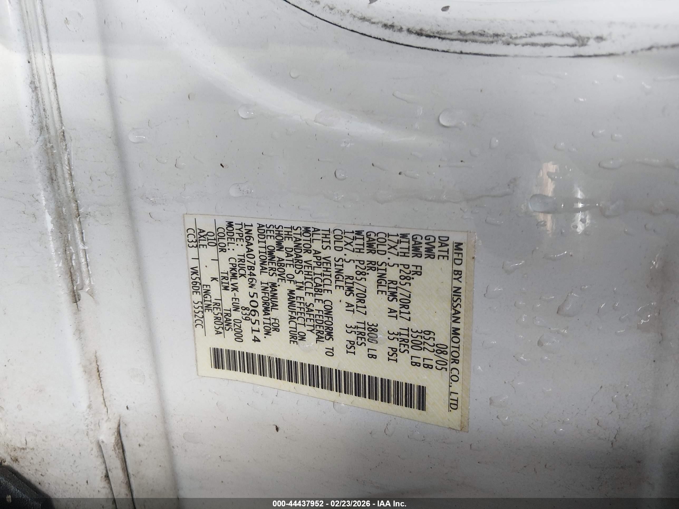 2006 Nissan Titan Le White vin: 1N6AA07B46N506514