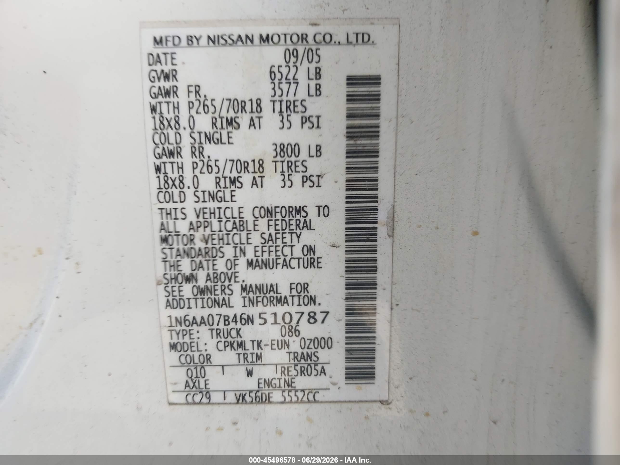 2006 Nissan Titan Se White vin: 1N6AA07B46N510787