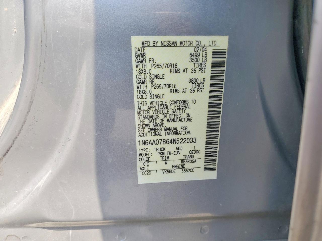 2004 Nissan Titan Xe Silver vin: 1N6AA07B64N522033
