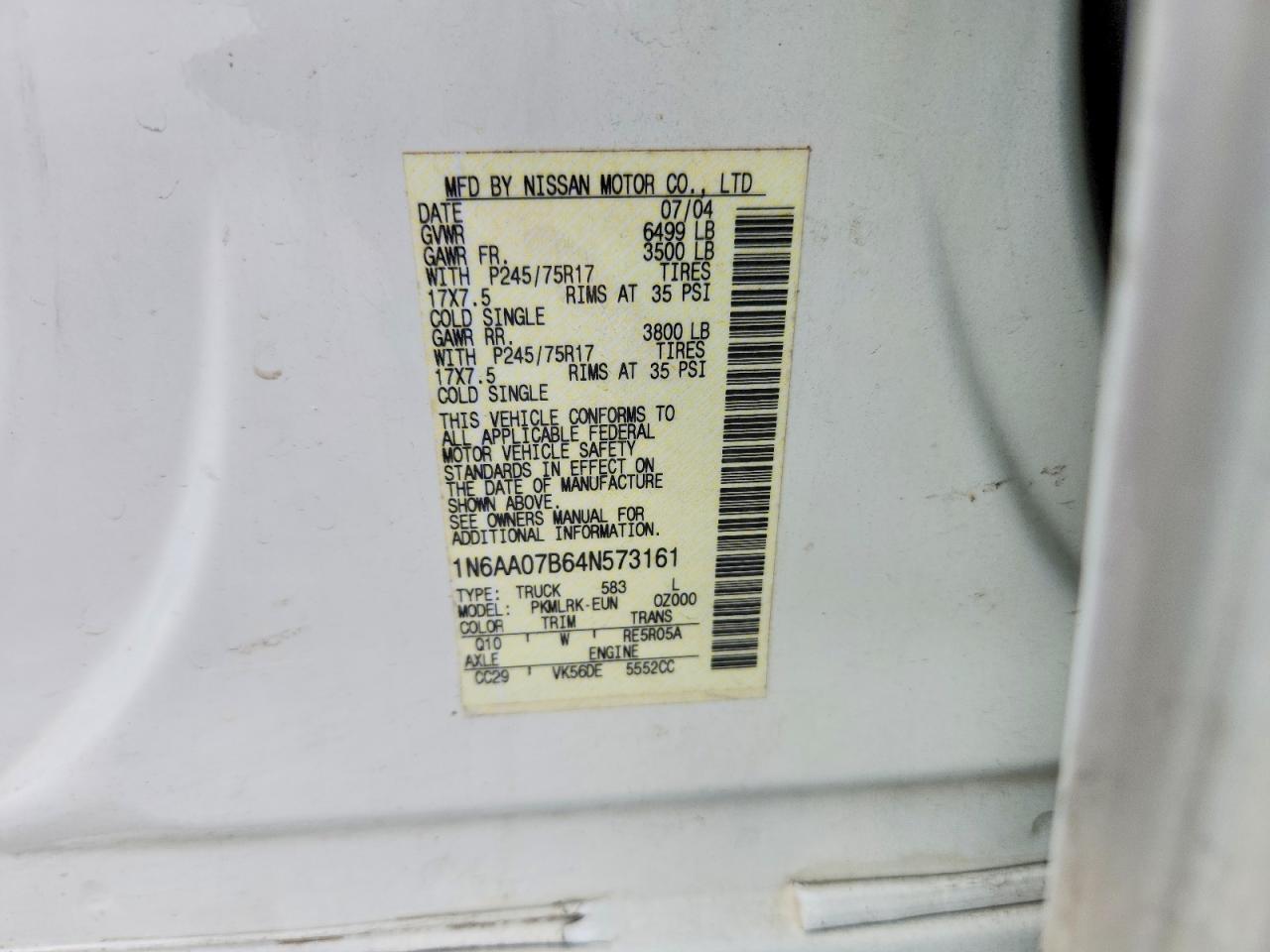 2004 Nissan Titan Xe White vin: 1N6AA07B64N573161