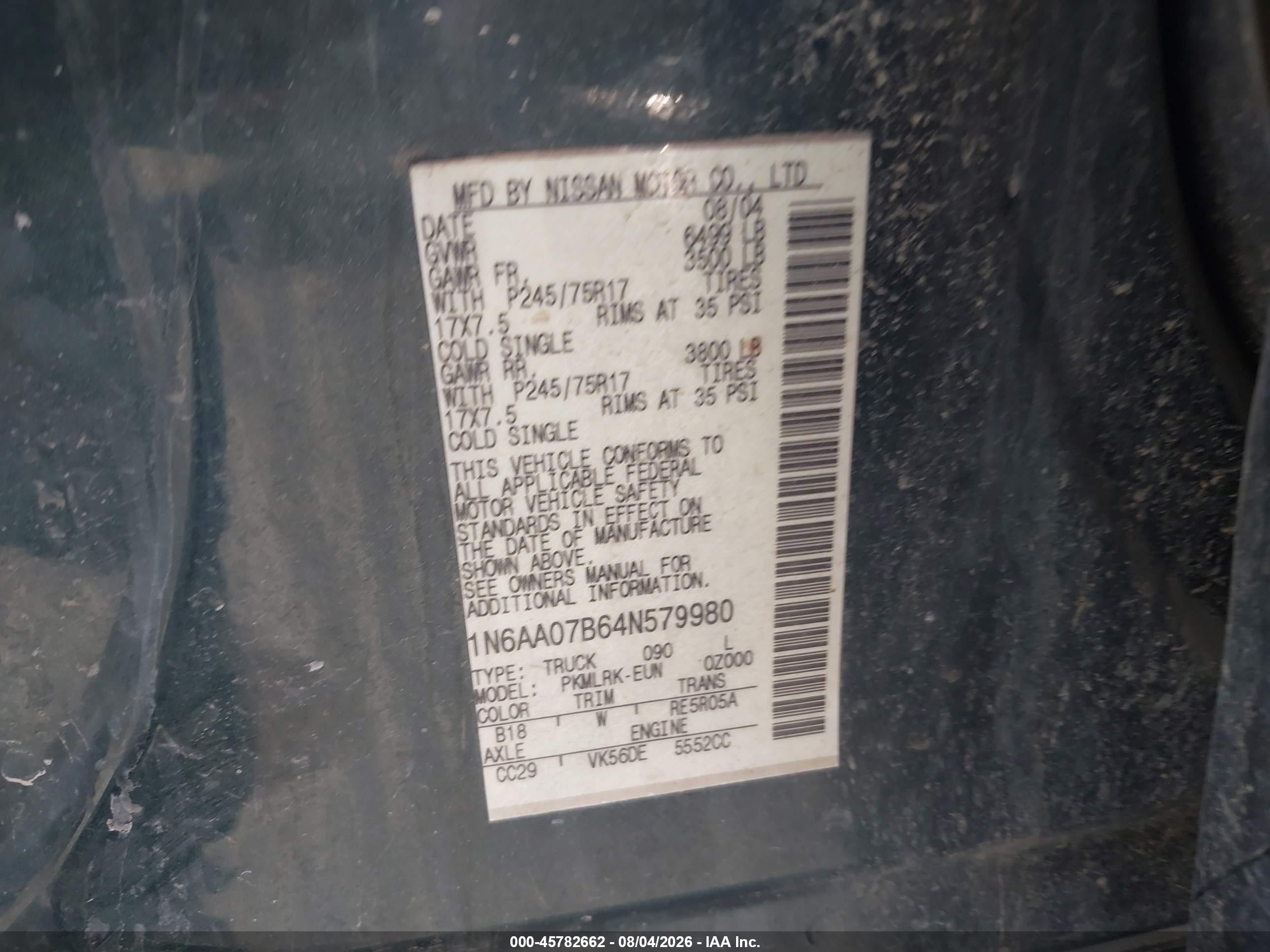 2004 Nissan Titan Xe Черный vin: 1N6AA07B64N579980